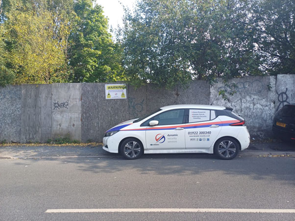 The Dynamic Security Services mobile patrol outside the gates of the derelict land in Wolverhampton. The Dynamic Security Services mobile patrol outside the gates of the derelict land in Wolverhampton.