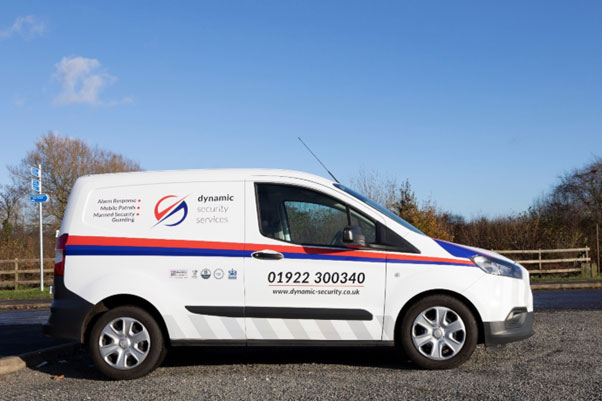 Image of one of Dynamic Security Services’ mobile patrol vehicles in West Bromwich. Image of one of Dynamic Security Services’ mobile patrol vehicles in West Bromwich.